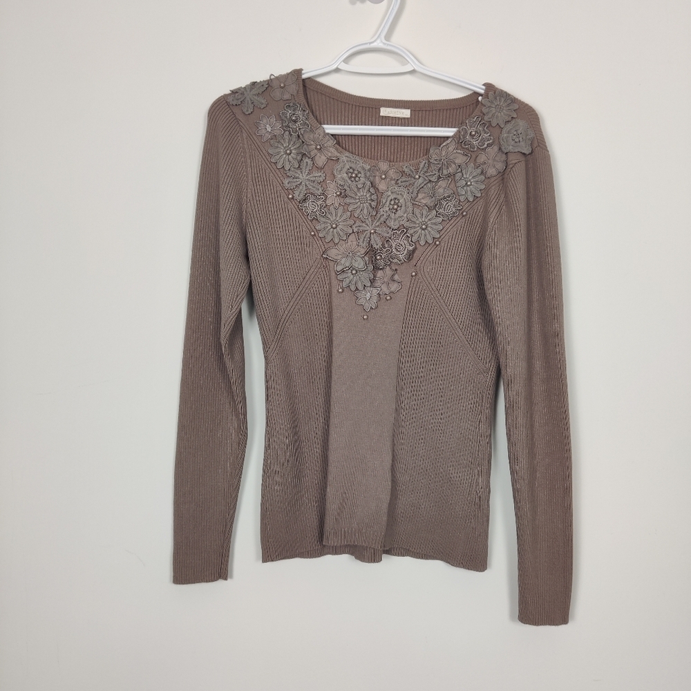 Armine Women's Embellished Ribbed Knit Sweater - Size Medium Floral